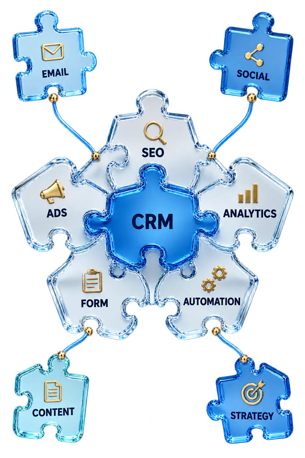 Piezas conectadas de estrategia, captación, CRM, automatización, contenido y medición