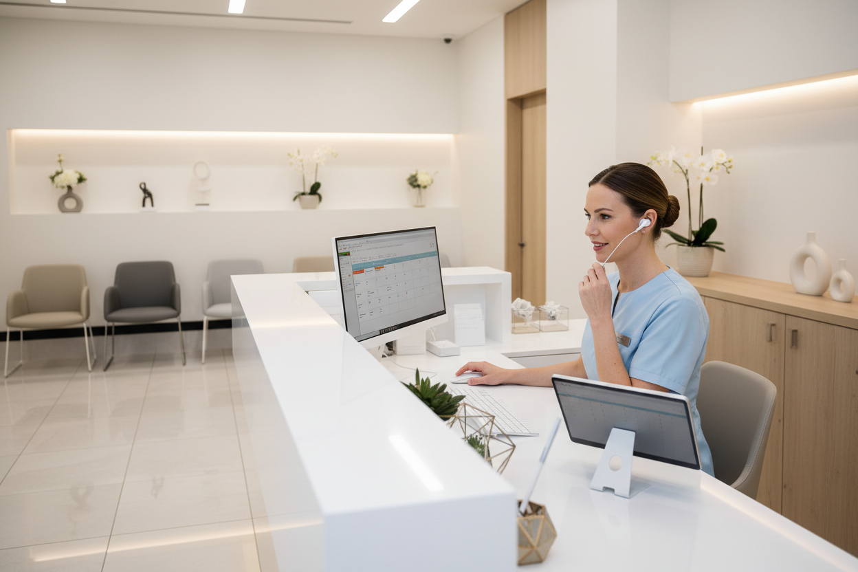 Recepción de clínica dental gestionando llamadas y citas