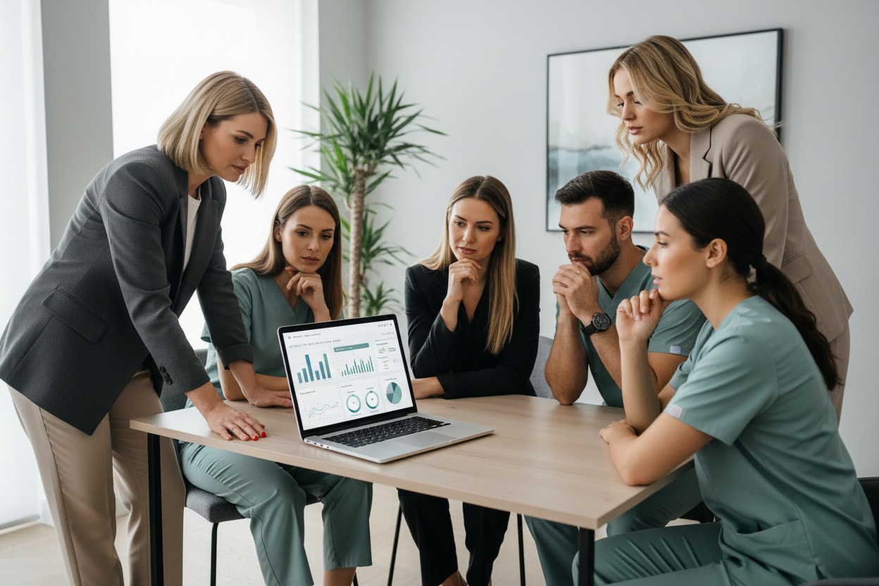 Equipo dental revisando estrategia de crecimiento